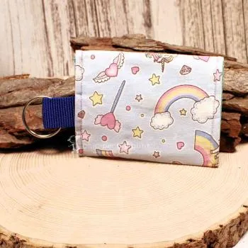 Schlüsselanhänger handgenäht mit kleine Geldbeutel Stoff hellblau einhorn - schluesselmaeppchen grau stoff handgenaeht einhorn druckknopf