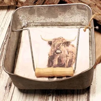 Shabby-Chic Serviettenständer aus Blech mit eingelegter Motivserviette eines Hochlandrinds.
