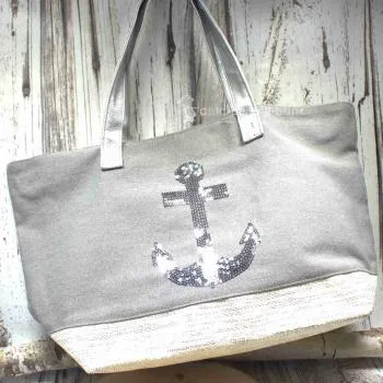 Shoppertasche gross grau Pailletten Anker silber - shopper tasche gross grau pailletten glitzer anker