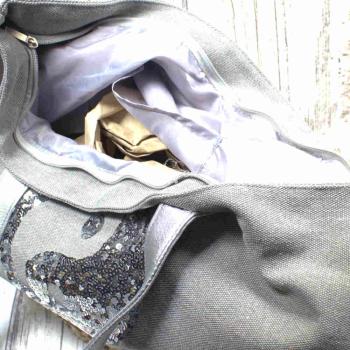 Shoppertasche gross grau Pailletten Yin Yang silber