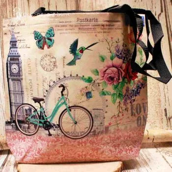 Shoppertasche gross Kunstleder mit Fahradmotiv rosa - shopper tasche gross kunstleder fahrrad rosa creme blumen