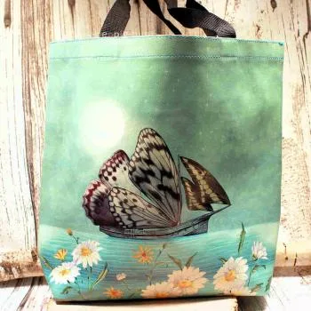 Shoppertasche gross Kunstleder mit Schmetterling Blumen Motiv - shopper tasche gross kunstleder schmetterling gruen mint blumen