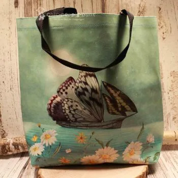 Shoppertasche gross Kunstleder mit Schmetterling Blumen Motiv - shopper tasche gross kunstleder schmetterling gruen mint blumen