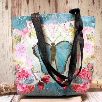Shoppertasche gross Kunstleder mit Schmetterling türkis - shopper tasche gross kunstleder schmetterling tuerkis blumen