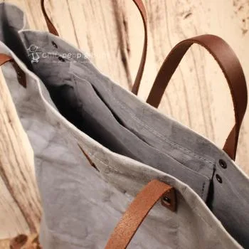 Nachhaltige Shoppertasche Hellblau – Waschbares Papyr® & Ledergriffe - shopper tasche gross papier leder blau grau 1fach