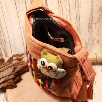 Handtasche brauner Stoff - bunter Karo mit kleiner Eule - umhaengetasche handtasche braun rot stoff eule karo bunt