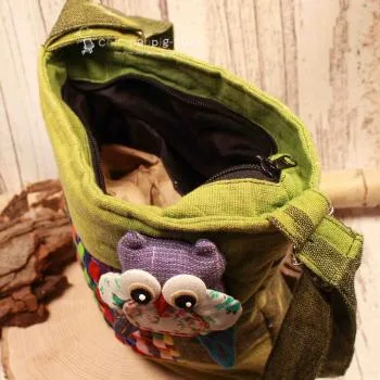 Handtasche grün Stoff - bunter Karo mit kleiner Eule - umhaengetasche handtasche gruen stoff eule karo bunt