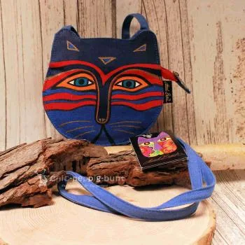 Blaue Laurel Burch Umhängetasche aus Stoff in Katzenkopf-Form mit Reißverschluss und langem Schulterband.