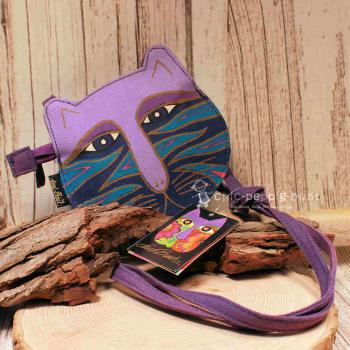 Lila Laurel Burch Umhängetasche aus Stoff in Form eines Katzenkopfes mit Reißverschluss und langem Schulterband.