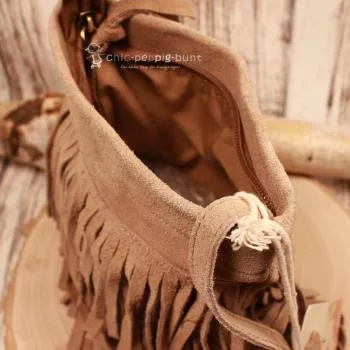 Mini Handtasche Wildleder Braun – Boho Fransen Umhängetasche - umhaengetasche handtasche leder fransen braun klein