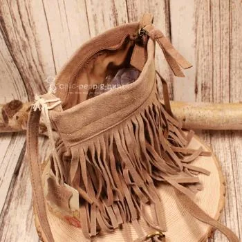 Mini Handtasche Wildleder Braun – Boho Fransen Umhängetasche - umhaengetasche handtasche leder fransen braun klein
