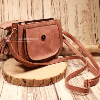 Boho Handtasche Altrosa – Leder Schultertasche mit Fransen