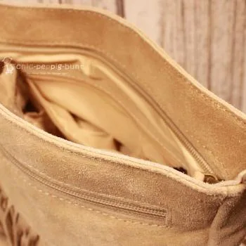 Boho Handtasche Beige Wildleder – Fransen Umhängetasche Leder - umhaengetasche handtasche leder fransen klein beige