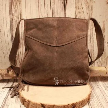Leder Handtasche mit Fransen – Boho Umhängetasche Wildleder - umhaengetasche handtasche leder fransen klein braun grau