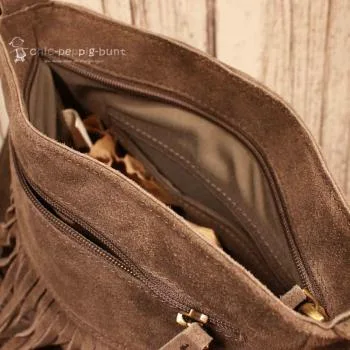 Leder Handtasche mit Fransen – Boho Umhängetasche Wildleder - umhaengetasche handtasche leder fransen klein braun grau