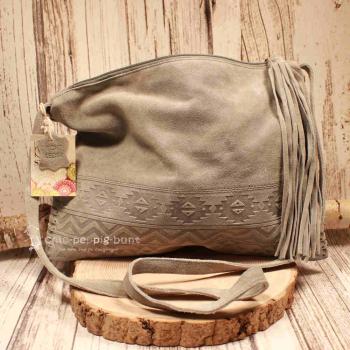 Graue Leder Handtasche mit Fransen – Weiches Wildleder Boho-Style