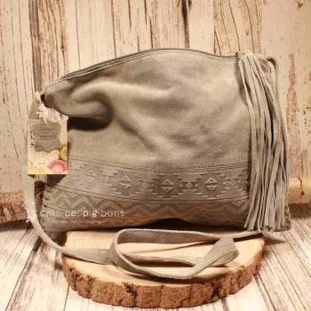 Graue Leder Handtasche mit Fransen – Weiches Wildleder Boho-Style - umhaengetasche handtasche leder weich india style grau