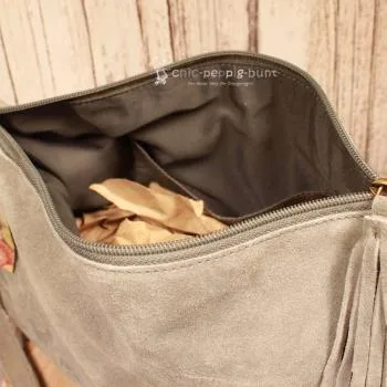 Graue Leder Handtasche mit Fransen – Weiches Wildleder Boho-Style - umhaengetasche handtasche leder weich india style grau