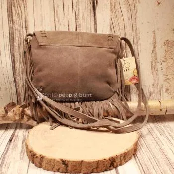 Graue Leder Handtasche mit Fransen – Weiche Boho Schultertasche - umhaengetasche handtasche leder weich india style grau braun