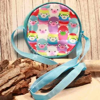 Runde hellblaue Kindertasche mit lustigem Lama-Alpaka-Motiv, sicherem Reißverschluss und verstellbarem Schultergurt.