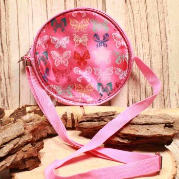 Runde rosa Kindertasche mit bunten Schmetterlingen, Reißverschluss und längenverstellbarem Schultergurt.