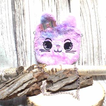 Flauschige lila-rosa marmorierte Umhängetasche für Kinder mit funkelnder Glitzer-Schleife und silberner Metallkette.