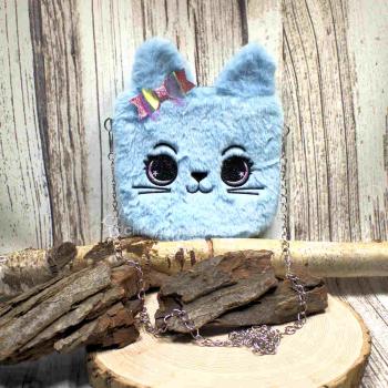 Flauschige hellblaue Umhängetasche für Kinder mit funkelnder Glitzer-Schleife und silberner Metallkette.