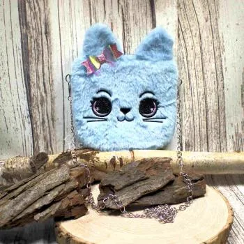 Flauschige hellblaue Umhängetasche für Kinder mit funkelnder Glitzer-Schleife und silberner Metallkette.