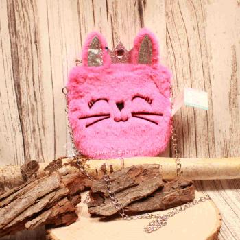 Flauschige pinke Umhängetasche für Kinder mit glitzernden Ohren, einer goldenen Krone und eleganter Metallkette.