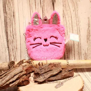 Flauschige pinke Umhängetasche für Kinder mit glitzernden Ohren, einer goldenen Krone und eleganter Metallkette.
