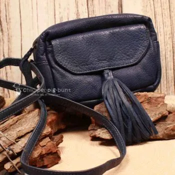 Umhängetasche Leder 4 Fächer Quaste blau - umhaengetasche klein leder blau quaste