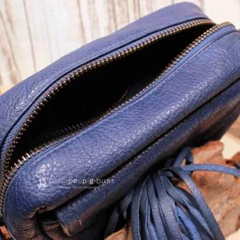 Umhängetasche Leder 4 Fächer Quaste blau - umhaengetasche klein leder blau quaste