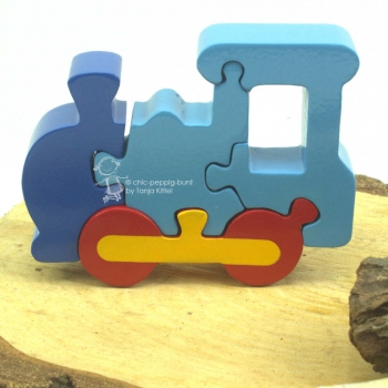 Holzpuzzle 3 D als Lok in blau