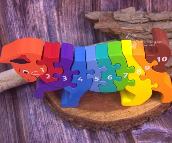 3 D Holz Puzzle als bunte Katze mit Zahlen von 1-10