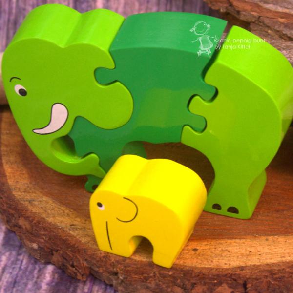 Holzpuzzle Elefant mit Baby grün