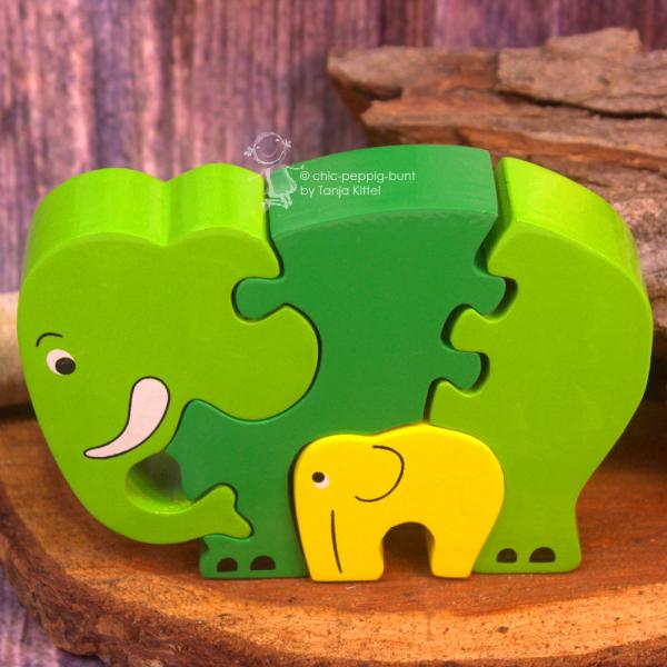 Holz Elefant mit Baby grün