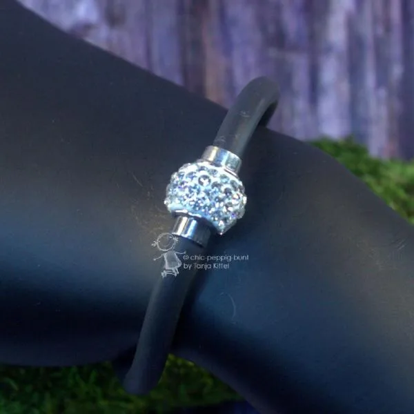 Armband-Strass-Kugel-handgefertigt - Armband Kautschuk schwarz weiss3