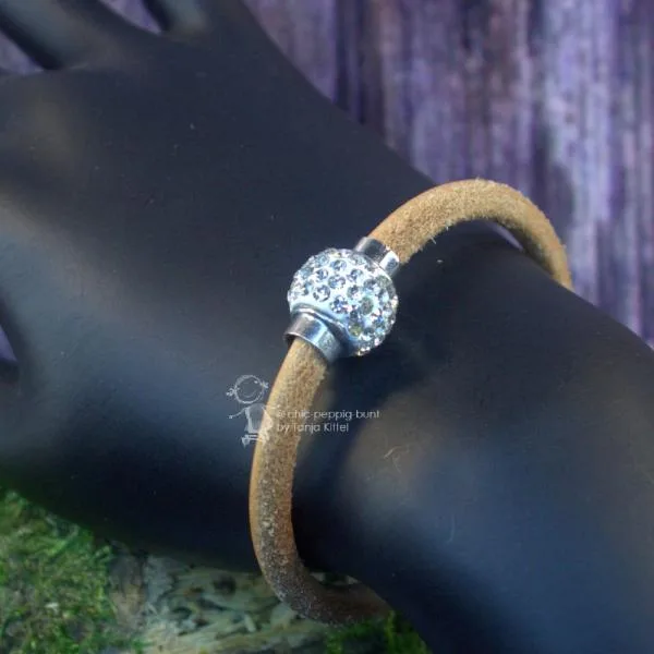 Armband-Strass-Kugel-handgefertigt - Armband leder braun crysta1l