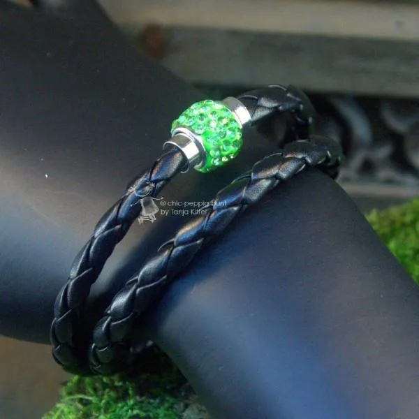 Armband-Strass-Kugel-handgefertigt - Armband leder gedreht schwarz gruen