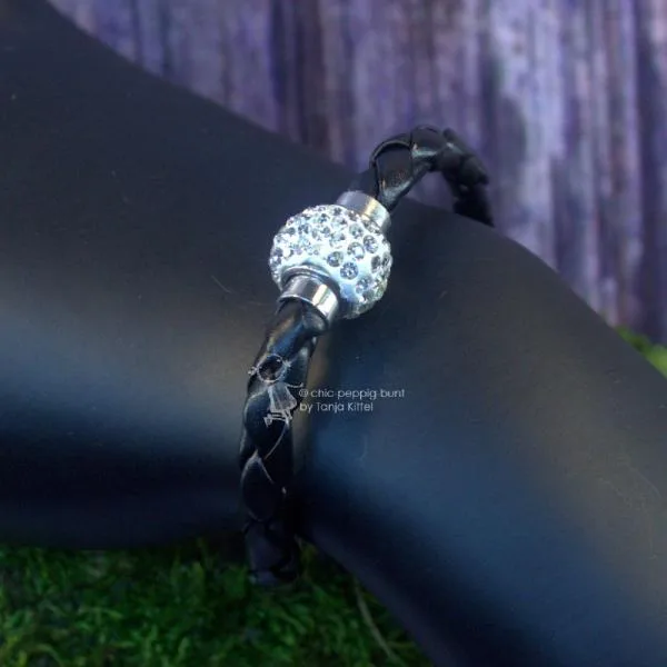 Armband-Strass-Kugel-handgefertigt - Armband leder gedreht schwarz