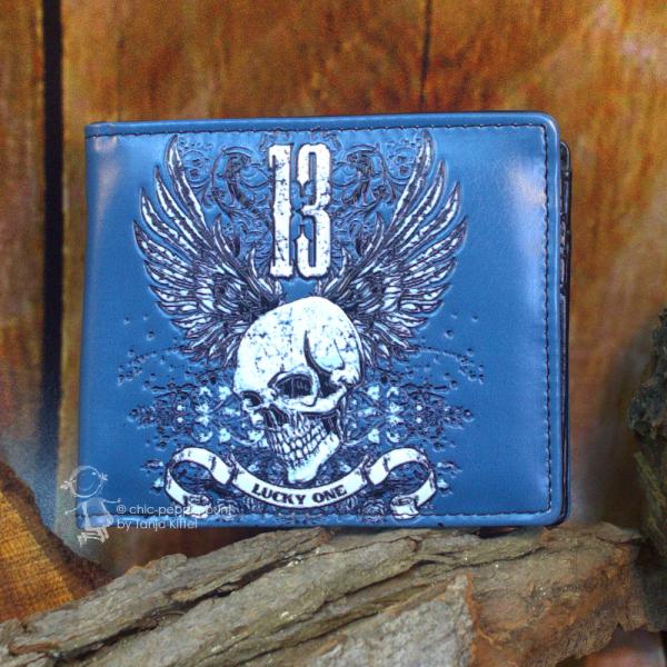 Herrengeldbeutel blau mit Flügel und Totenkopf Herrengeldbeutel blau mit Flügel und Totenkopf