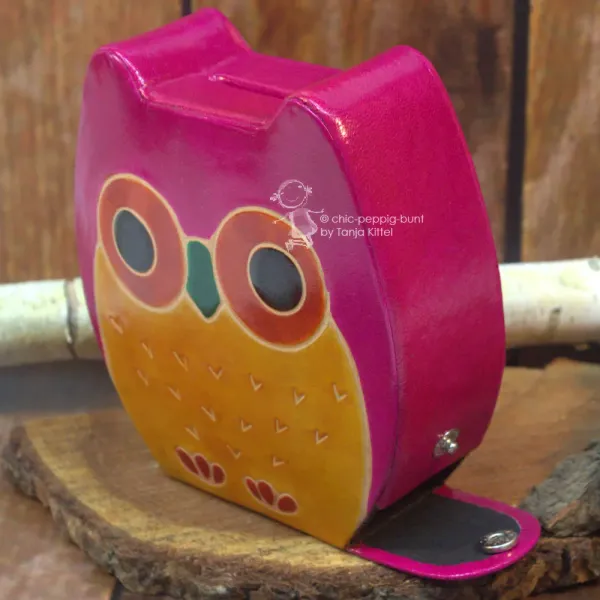 Spardose Eule pink für Kinder aus Kunstleder