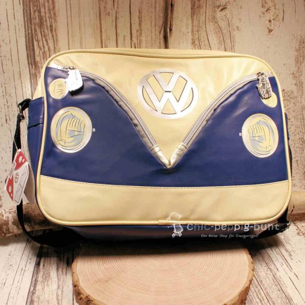 VW T1 Bus Umhängetasche in Blau und Creme aus Kunstleder im Querformat mit Camper-Motiv.