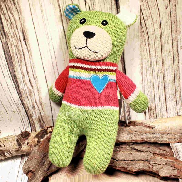 Strick-Bär Grün – Handgemachtes Stofftier mit rotem Pullover (30 cm)