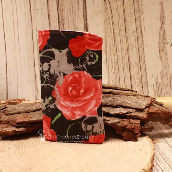 Brillenetui Stoff schwarz mit roten Blumen - brillenetui stoff handgenäht blumen schwarz rosen