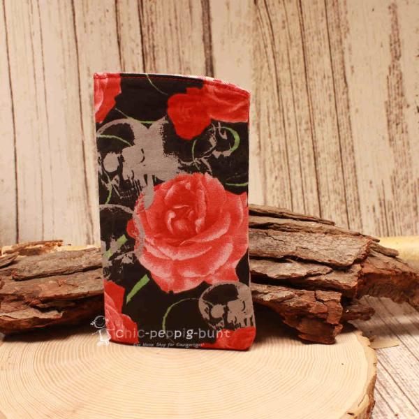 Brillenetui Stoff schwarz mit roten Blumen