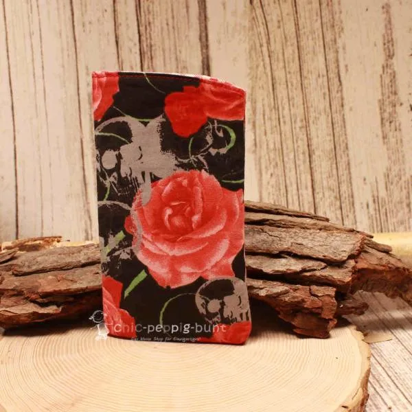 Brillenetui Stoff schwarz mit roten Blumen - brillenetui stoff handgenäht blumen schwarz rosen