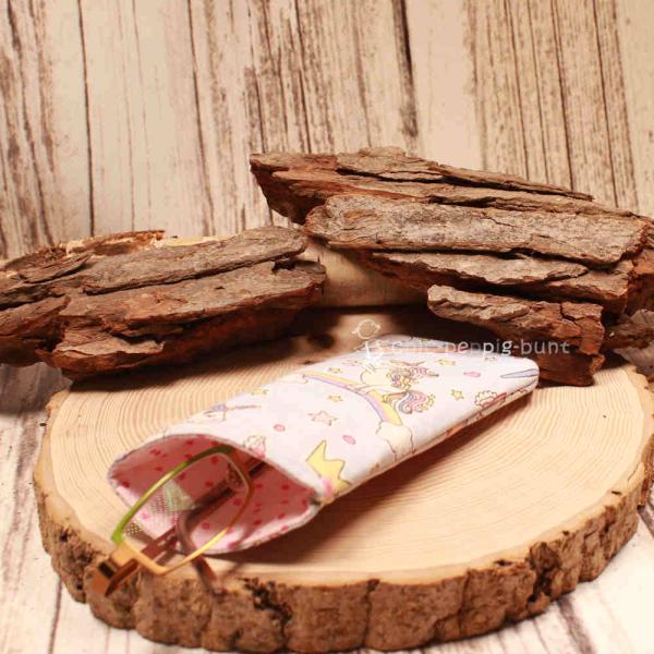 Brillenetui Stoff hellblau mit Einhorn und Regenbogen