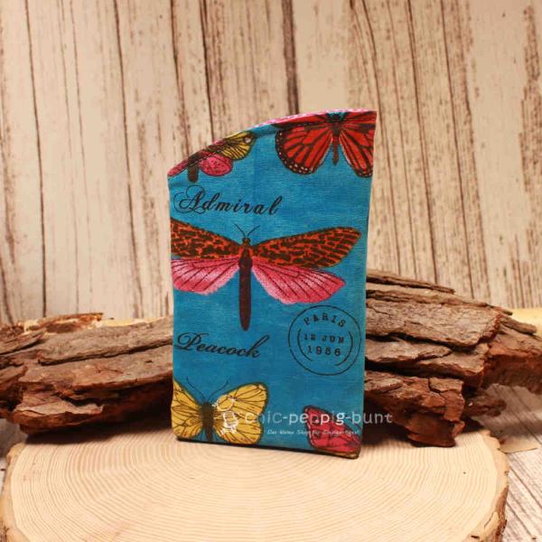 Brillenetui Stoff blau mit bunten Schmetterlingen