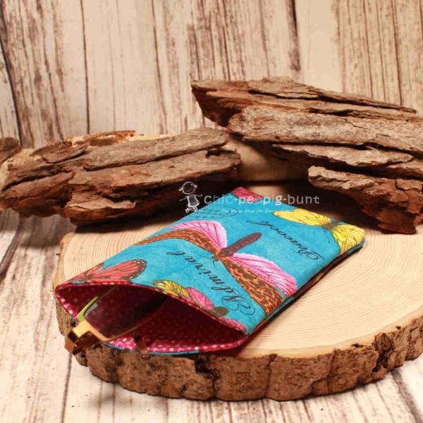 Brillenetui Stoff blau mit bunten Schmetterlingen